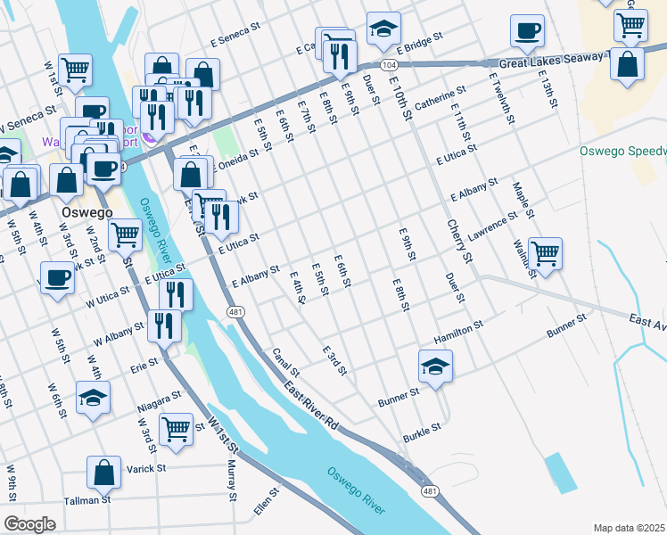map of restaurants, bars, coffee shops, grocery stores, and more near 173 East 5th Street in Oswego