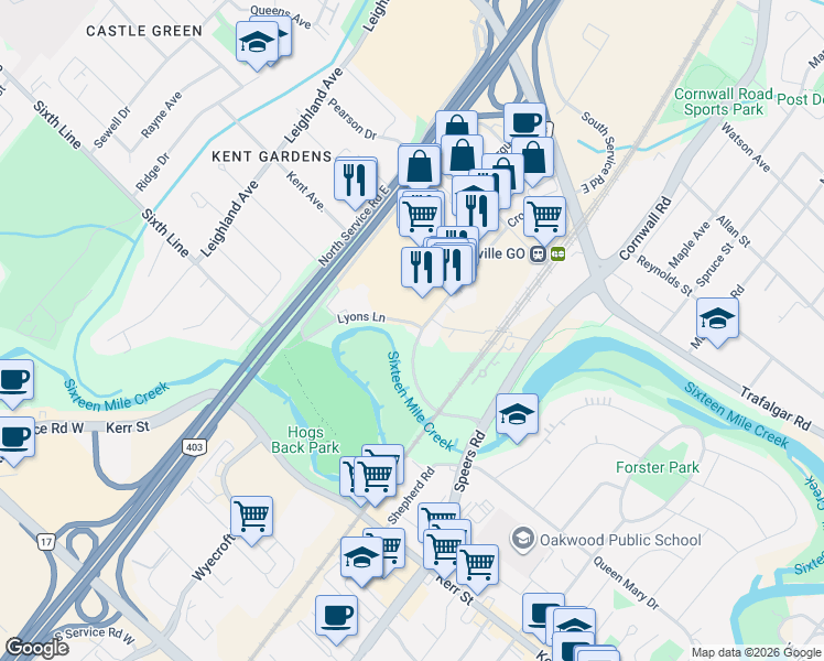 map of restaurants, bars, coffee shops, grocery stores, and more near 564 Lyons Lane in Oakville