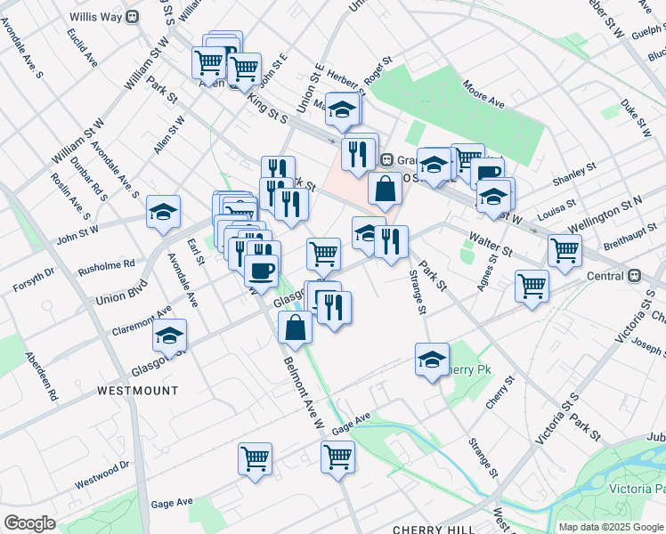 map of restaurants, bars, coffee shops, grocery stores, and more near 61 Gildner Street in Kitchener