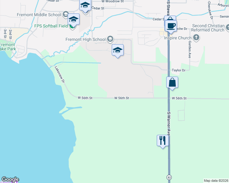 map of restaurants, bars, coffee shops, grocery stores, and more near 6499 West 56th Street in Fremont