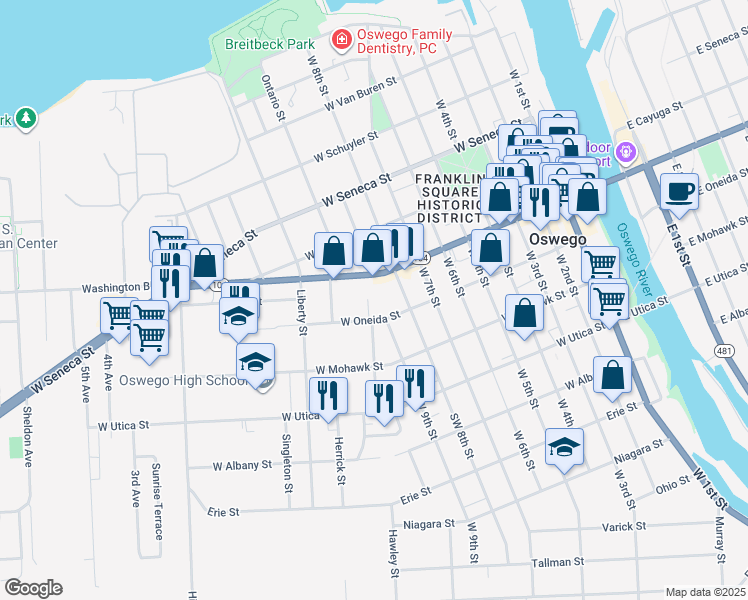 map of restaurants, bars, coffee shops, grocery stores, and more near 1 Moore Street in Oswego