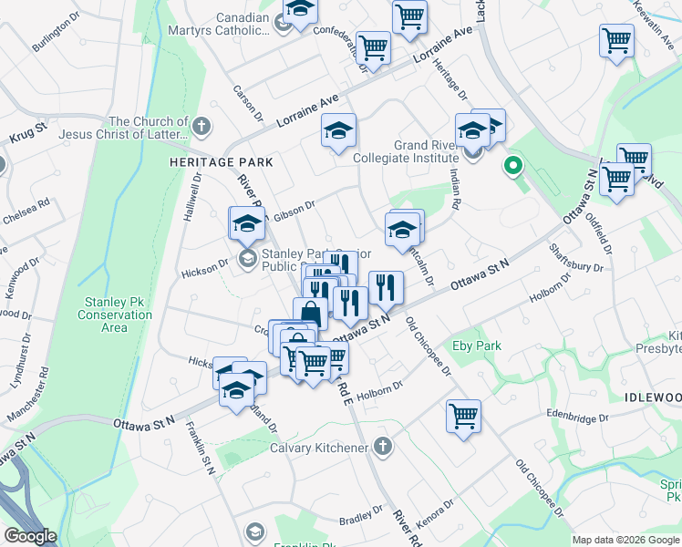 map of restaurants, bars, coffee shops, grocery stores, and more near 80 Breckenridge Drive in Kitchener