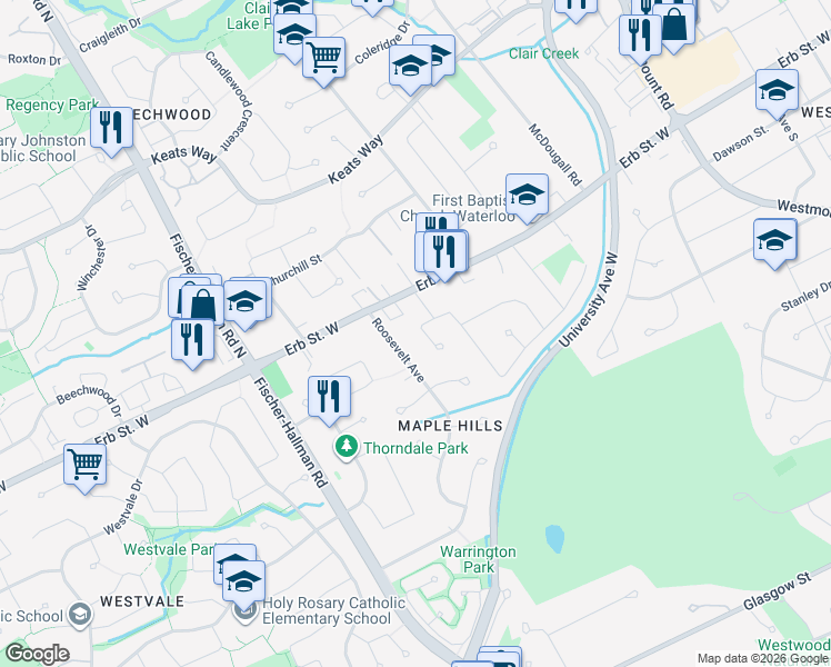 map of restaurants, bars, coffee shops, grocery stores, and more near 364 Culpepper Place in Waterloo