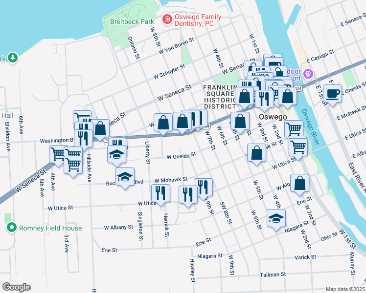 map of restaurants, bars, coffee shops, grocery stores, and more near 1 Moore St in Oswego