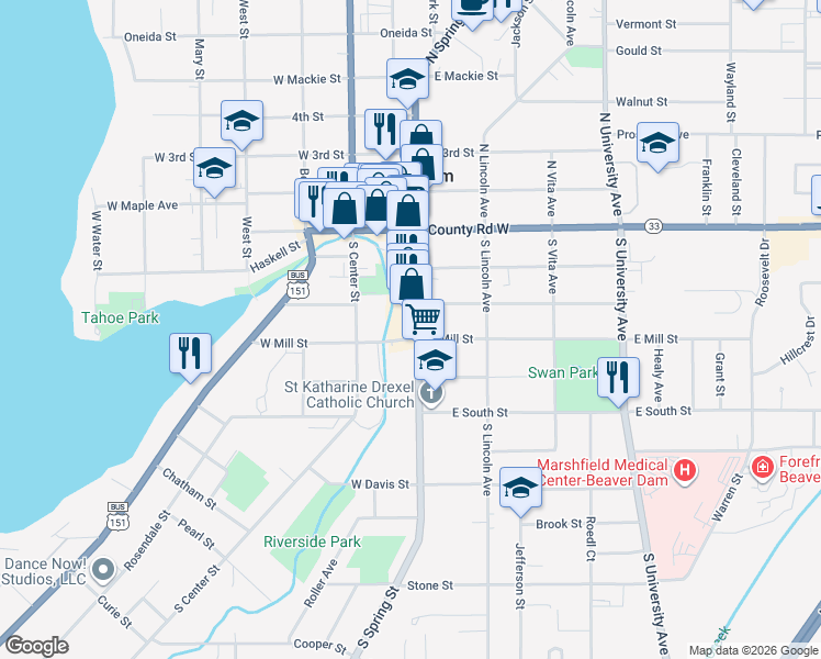 map of restaurants, bars, coffee shops, grocery stores, and more near 316 South Spring Street in Beaver Dam