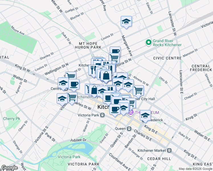 map of restaurants, bars, coffee shops, grocery stores, and more near 53 Water Street North in Kitchener