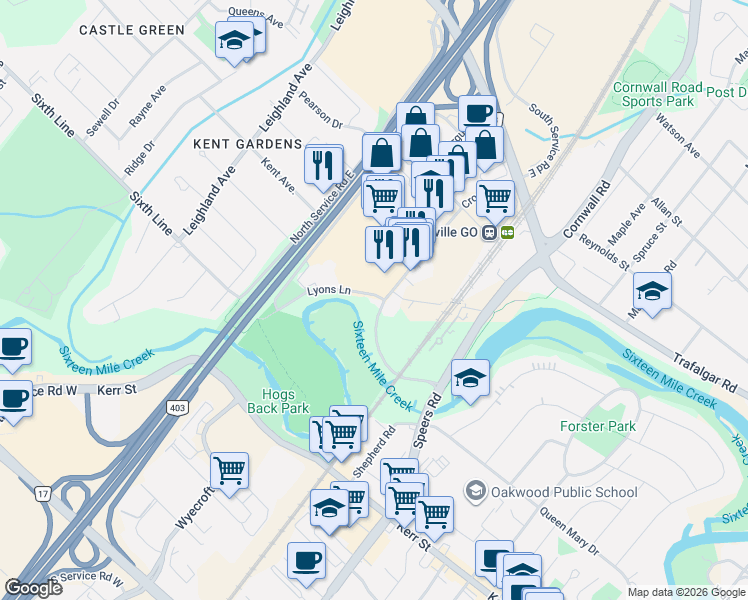 map of restaurants, bars, coffee shops, grocery stores, and more near 564 Lyons Lane in Oakville