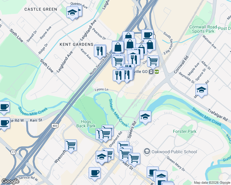 map of restaurants, bars, coffee shops, grocery stores, and more near 564 Lyons Lane in Oakville
