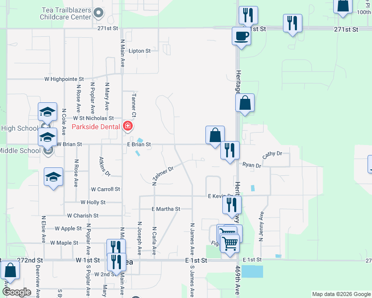 map of restaurants, bars, coffee shops, grocery stores, and more near 405 East Brian Street in Tea