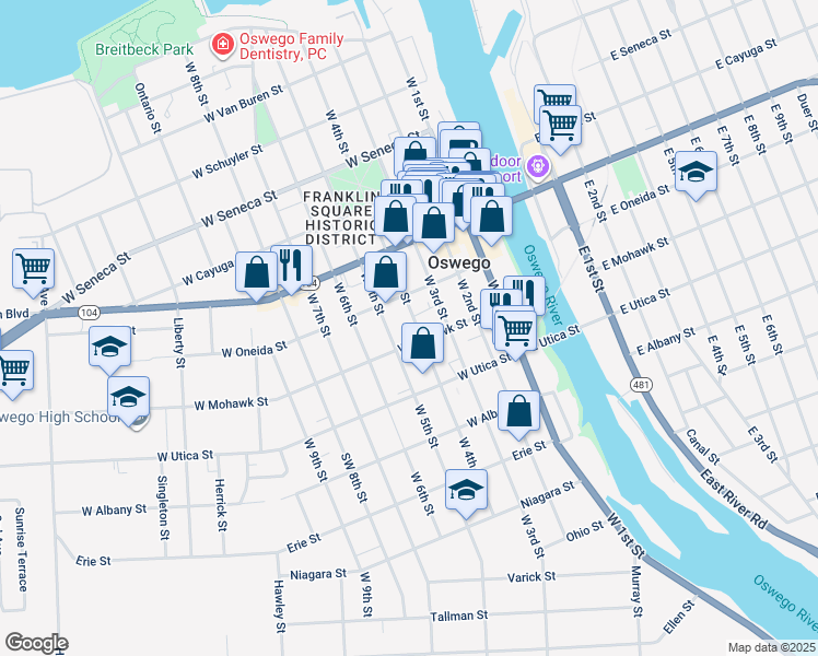 map of restaurants, bars, coffee shops, grocery stores, and more near 166 West 4th Street in Oswego