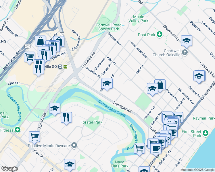 map of restaurants, bars, coffee shops, grocery stores, and more near 358 Reynolds Street in Oakville