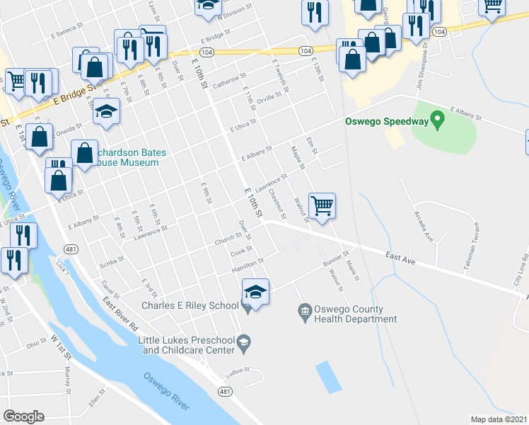 map of restaurants, bars, coffee shops, grocery stores, and more near 313 Cherry Street in Oswego