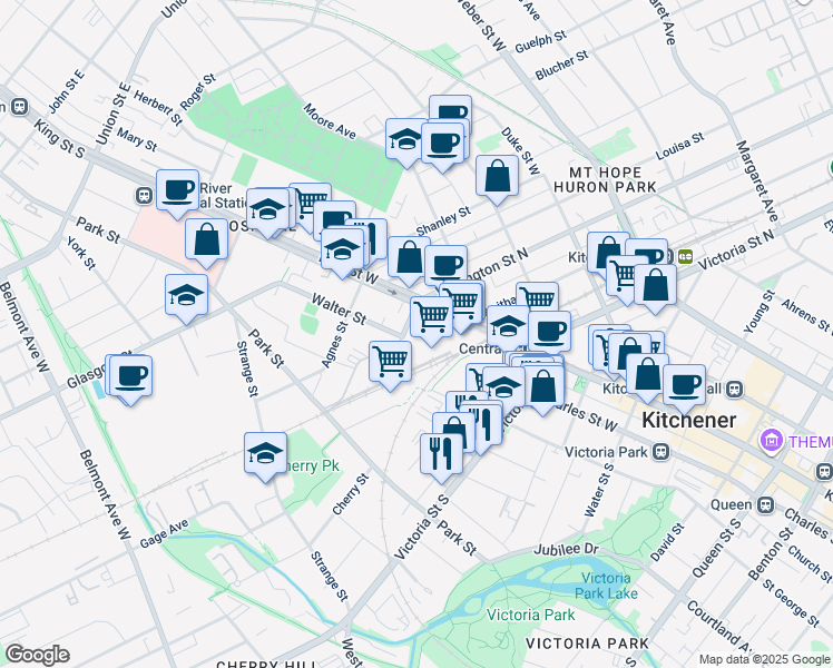 map of restaurants, bars, coffee shops, grocery stores, and more near 15 Wellington Street South in Kitchener