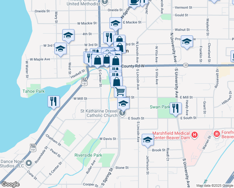 map of restaurants, bars, coffee shops, grocery stores, and more near 320 South Spring Street in Beaver Dam