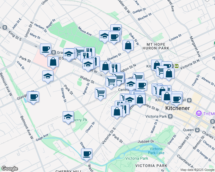 map of restaurants, bars, coffee shops, grocery stores, and more near 22 Wellington Street South in Kitchener