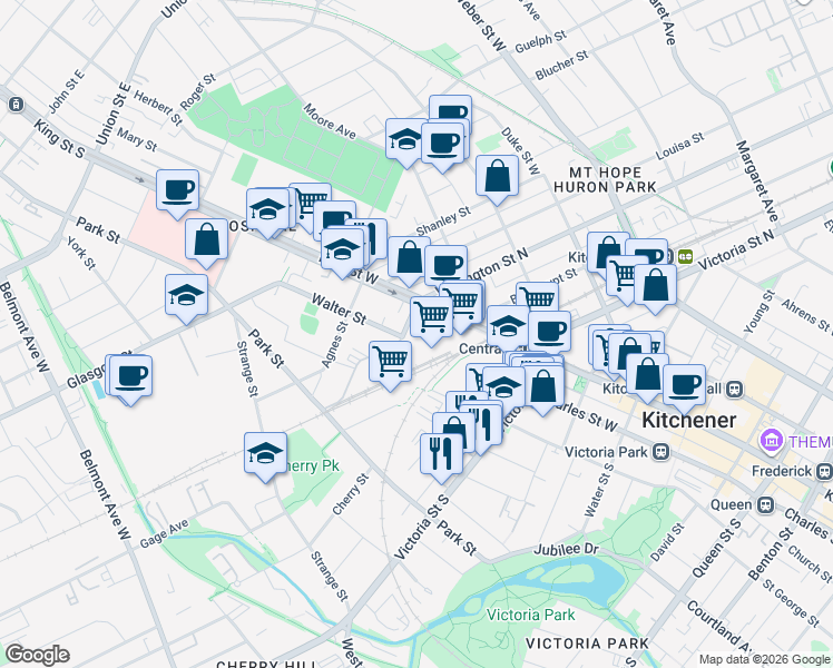 map of restaurants, bars, coffee shops, grocery stores, and more near 15 Wellington Street South in Kitchener