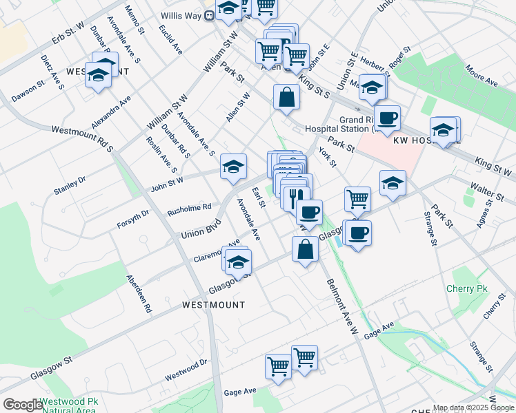map of restaurants, bars, coffee shops, grocery stores, and more near 87 Earl Street in Kitchener