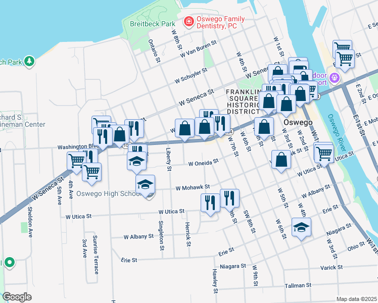 map of restaurants, bars, coffee shops, grocery stores, and more near 9 Lathrop Street in Oswego