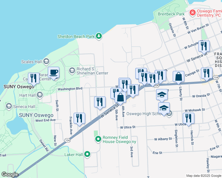 map of restaurants, bars, coffee shops, grocery stores, and more near 270 Washington Boulevard in Oswego