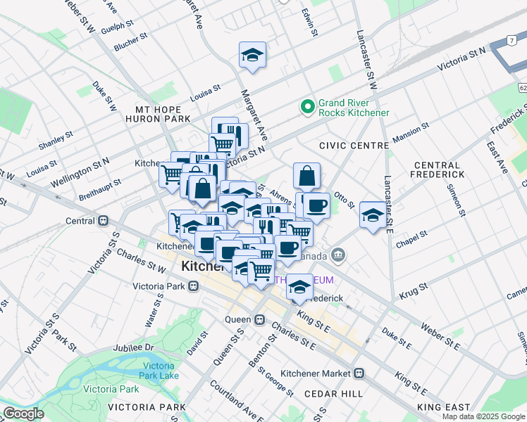 map of restaurants, bars, coffee shops, grocery stores, and more near 107 Young Street in Kitchener
