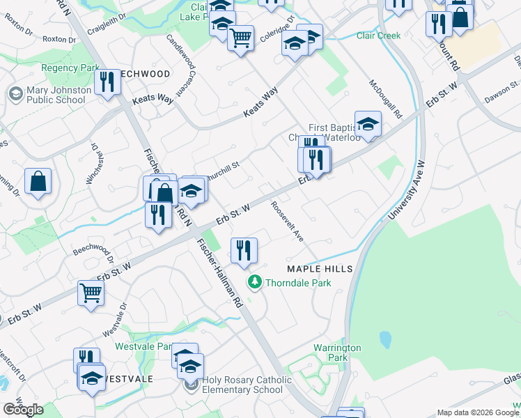 map of restaurants, bars, coffee shops, grocery stores, and more near in Waterloo