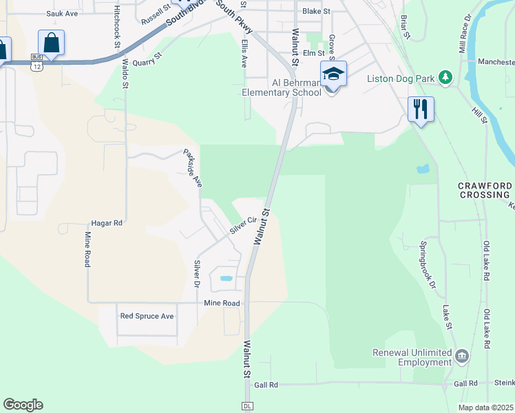map of restaurants, bars, coffee shops, grocery stores, and more near 1201-1281 Silver Circle in Baraboo