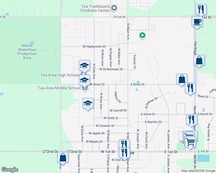 map of restaurants, bars, coffee shops, grocery stores, and more near 825 Atkins Drive in Tea