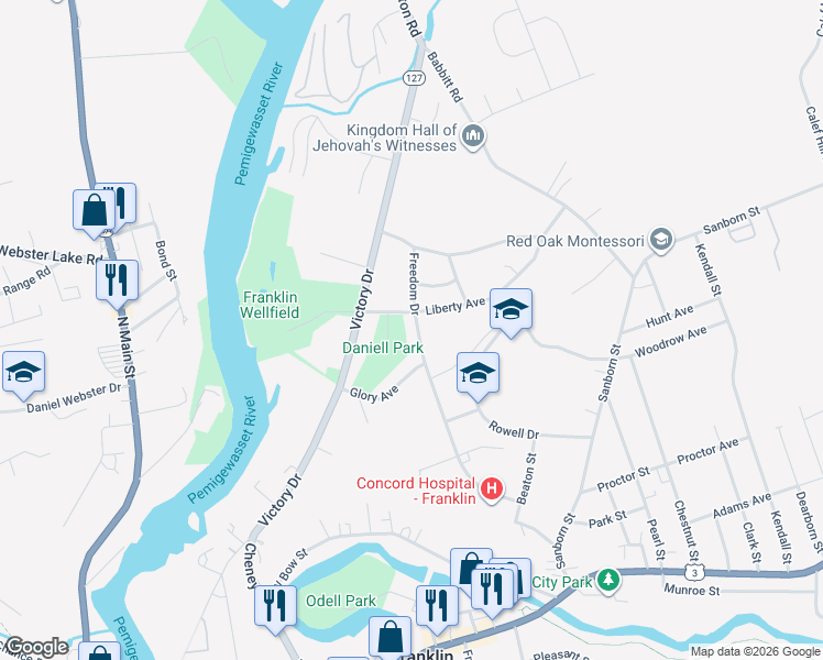 map of restaurants, bars, coffee shops, grocery stores, and more near 58 Freedom Drive in Franklin