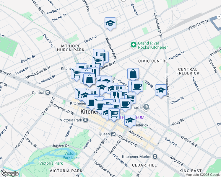 map of restaurants, bars, coffee shops, grocery stores, and more near 107 Young Street in Kitchener