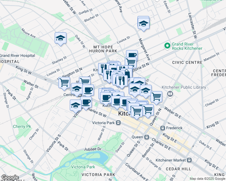 map of restaurants, bars, coffee shops, grocery stores, and more near 56 Francis Street North in Kitchener