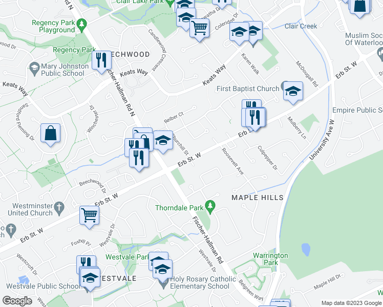 map of restaurants, bars, coffee shops, grocery stores, and more near 402 Erb Street West in Waterloo