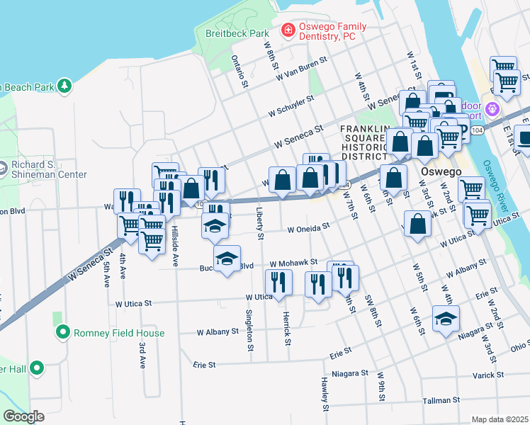map of restaurants, bars, coffee shops, grocery stores, and more near 111 Liberty Street in Oswego