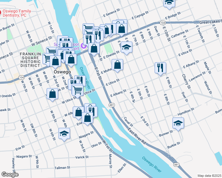 map of restaurants, bars, coffee shops, grocery stores, and more near 180 East 2nd Street in Oswego