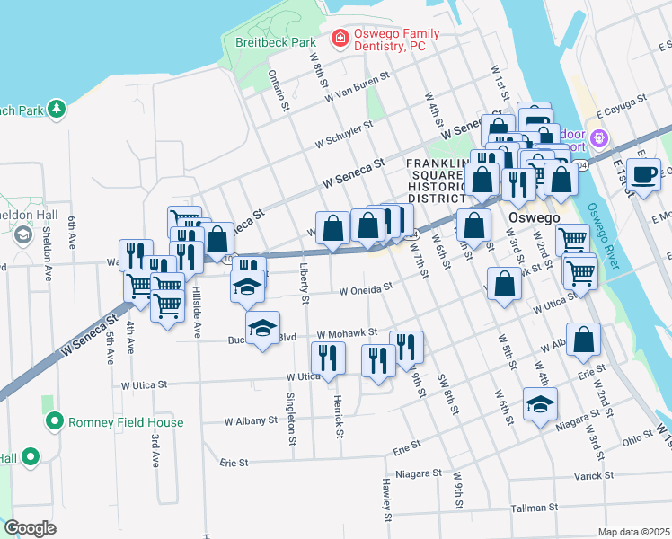 map of restaurants, bars, coffee shops, grocery stores, and more near 9 Lathrop Street in Oswego