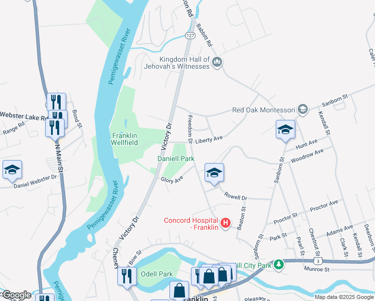 map of restaurants, bars, coffee shops, grocery stores, and more near 58 Freedom Drive in Franklin