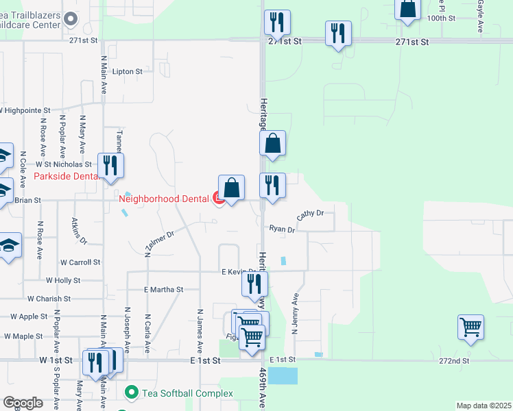 map of restaurants, bars, coffee shops, grocery stores, and more near 815 County Highway 106 in Tea