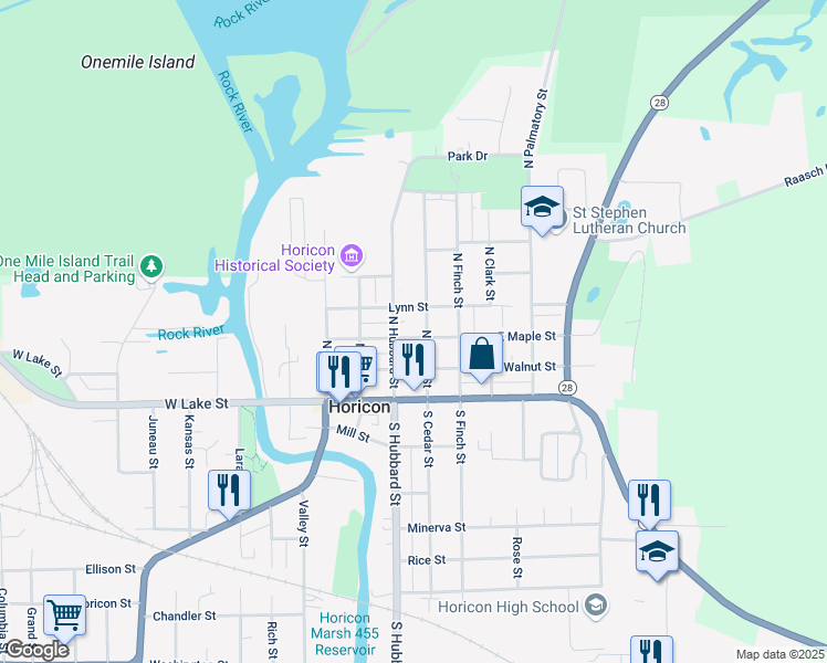 map of restaurants, bars, coffee shops, grocery stores, and more near 514 East Maple Street in Horicon