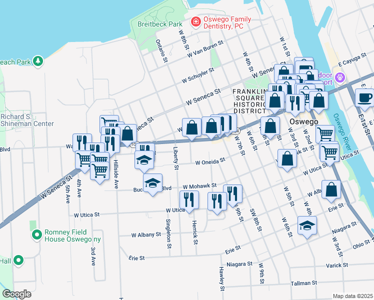 map of restaurants, bars, coffee shops, grocery stores, and more near 9 Lathrop Street in Oswego