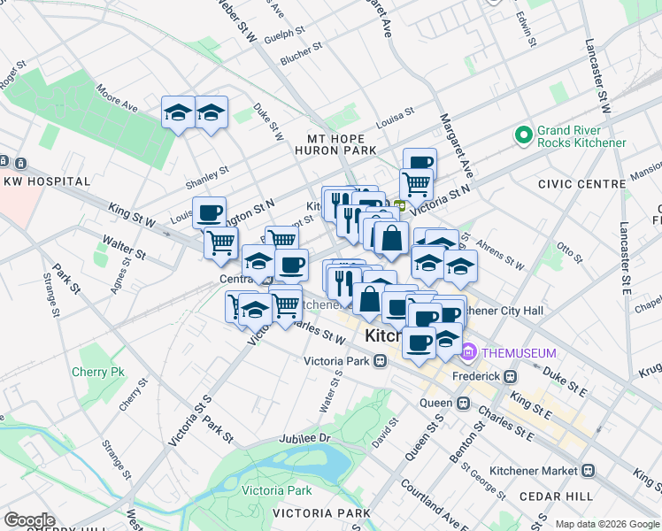 map of restaurants, bars, coffee shops, grocery stores, and more near 45 Victoria Street North in Kitchener