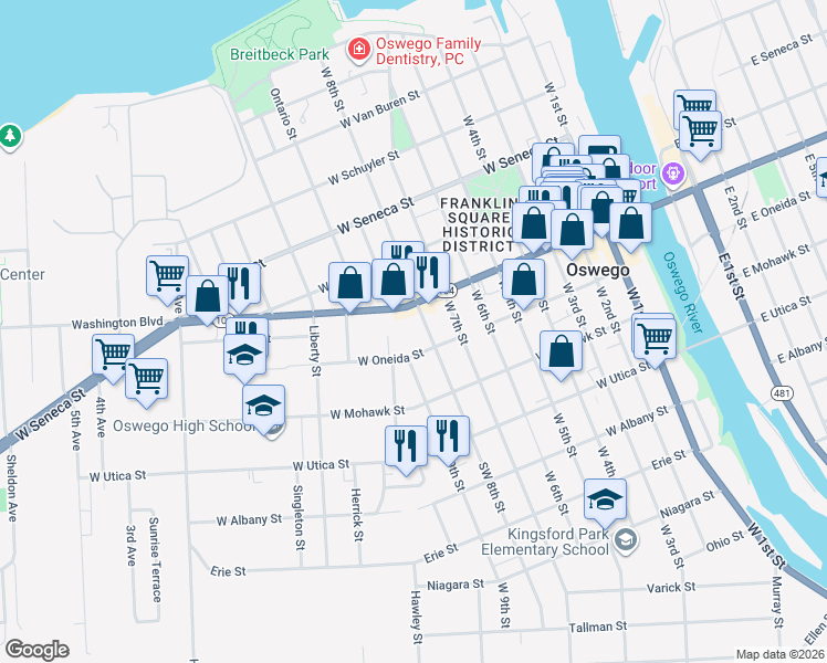 map of restaurants, bars, coffee shops, grocery stores, and more near 149 West 8th Street in Oswego