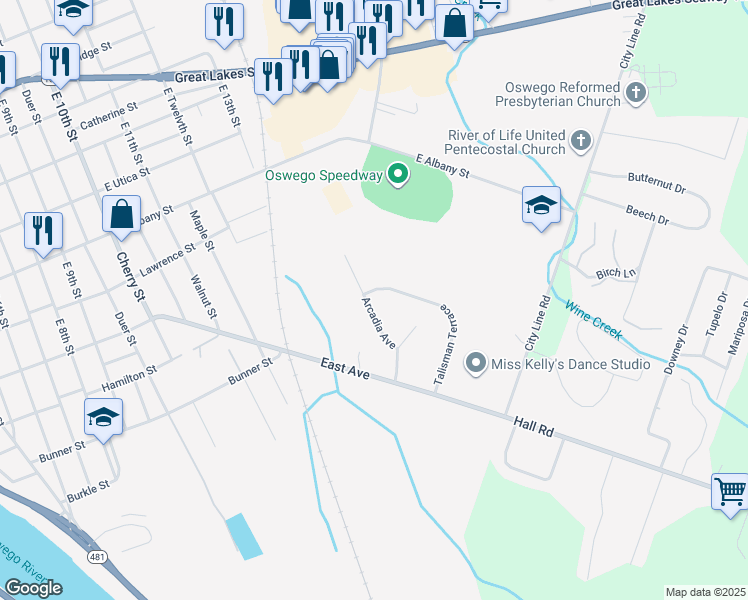 map of restaurants, bars, coffee shops, grocery stores, and more near 123 Arcadia Avenue in Oswego