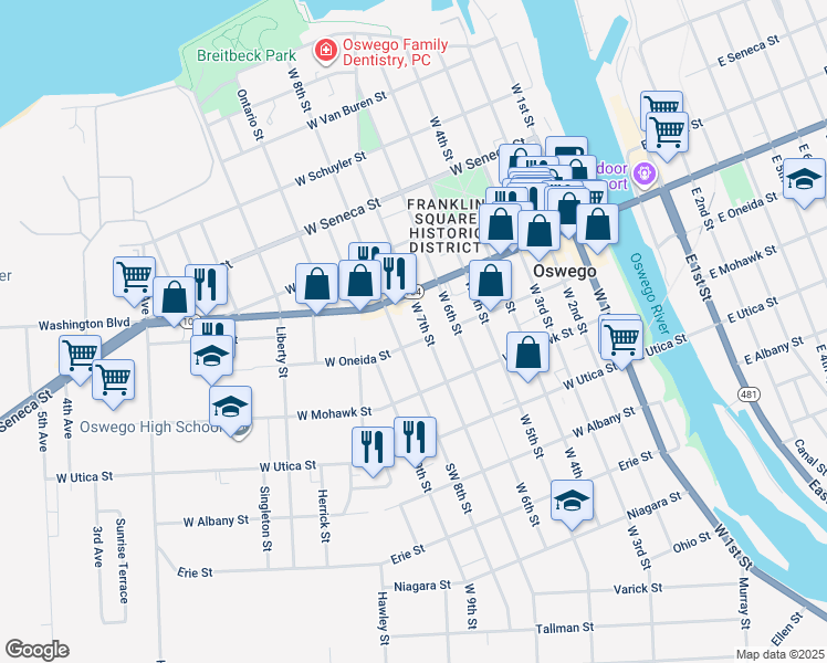 map of restaurants, bars, coffee shops, grocery stores, and more near 149 West 8th Street in Oswego