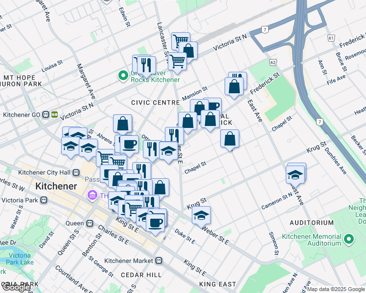 map of restaurants, bars, coffee shops, grocery stores, and more near 26 Bingeman Street in Kitchener