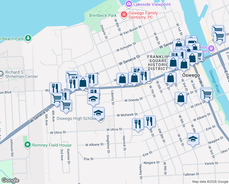 map of restaurants, bars, coffee shops, grocery stores, and more near 111 Liberty Street in Oswego