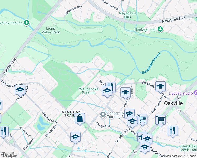 map of restaurants, bars, coffee shops, grocery stores, and more near Ridge Landing in Oakville