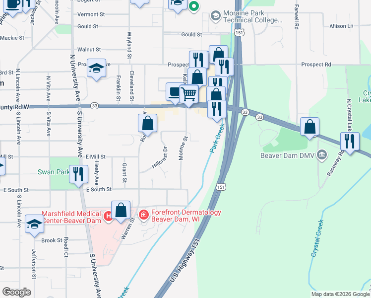 map of restaurants, bars, coffee shops, grocery stores, and more near 311 Monroe Street in Beaver Dam