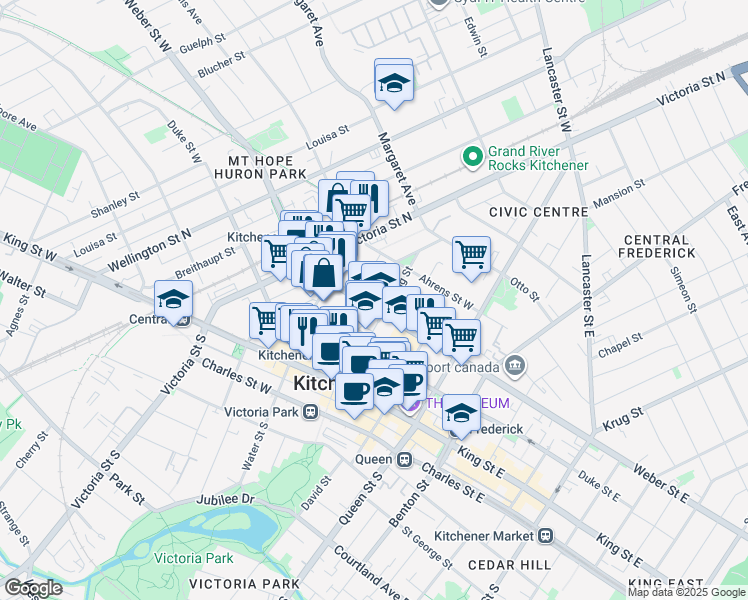map of restaurants, bars, coffee shops, grocery stores, and more near 64 Weber Street West in Kitchener