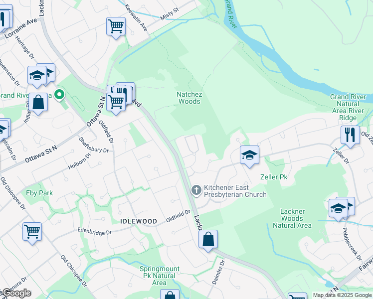 map of restaurants, bars, coffee shops, grocery stores, and more near 50 Bryan Court in Kitchener