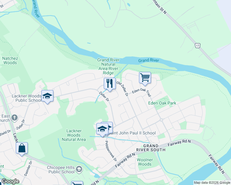 map of restaurants, bars, coffee shops, grocery stores, and more near 959 Zeller Crescent in Kitchener