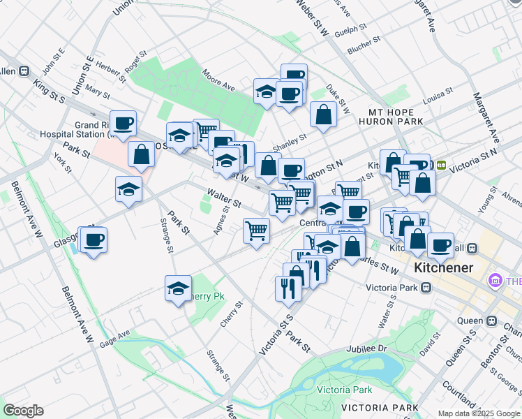 map of restaurants, bars, coffee shops, grocery stores, and more near 22 Wellington Street South in Kitchener